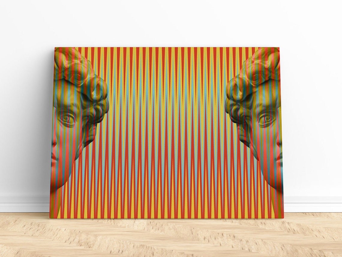 Michelangelo David Pop Art Poster Red Yellow Striped Sculpture Design