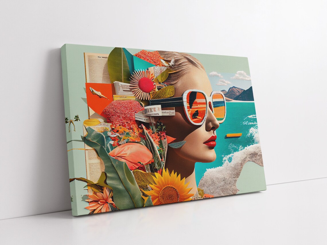 Retro Woman Collage Poster Sunglasses Flowers Beach Surreal Pop Artwork - Image 2