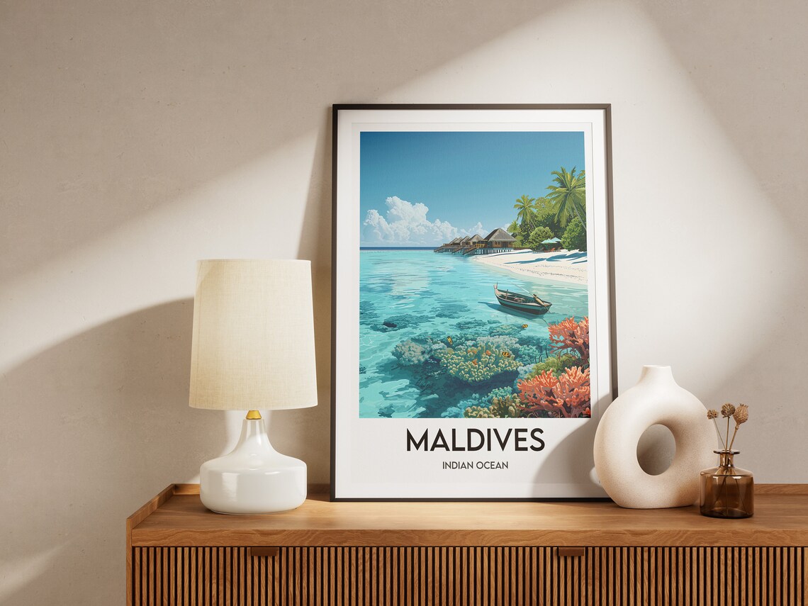 Maldives Indian Ocean Coral Reef Lagoon Tropical Beach Travel Poster - Image 2