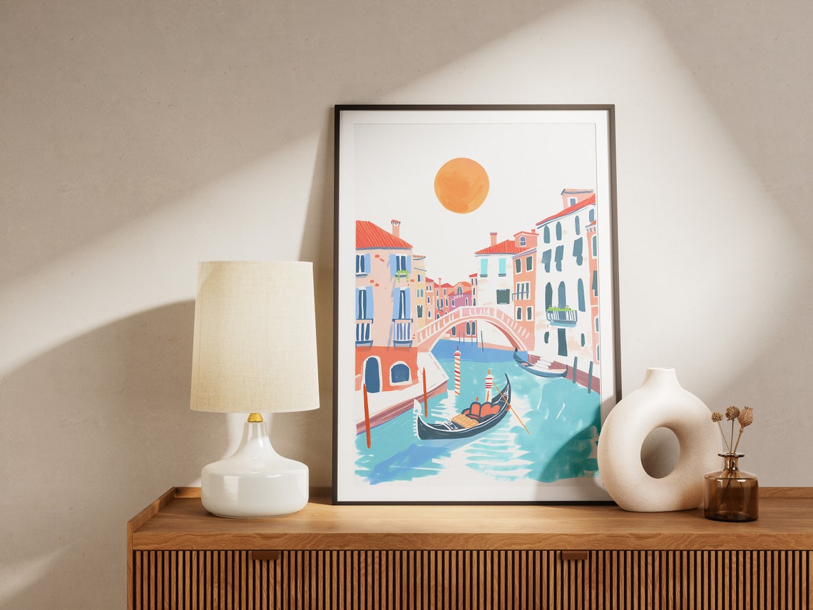 Venice Italy Canal Bridge Gondola Under Big Orange Sun Poster - Image 2