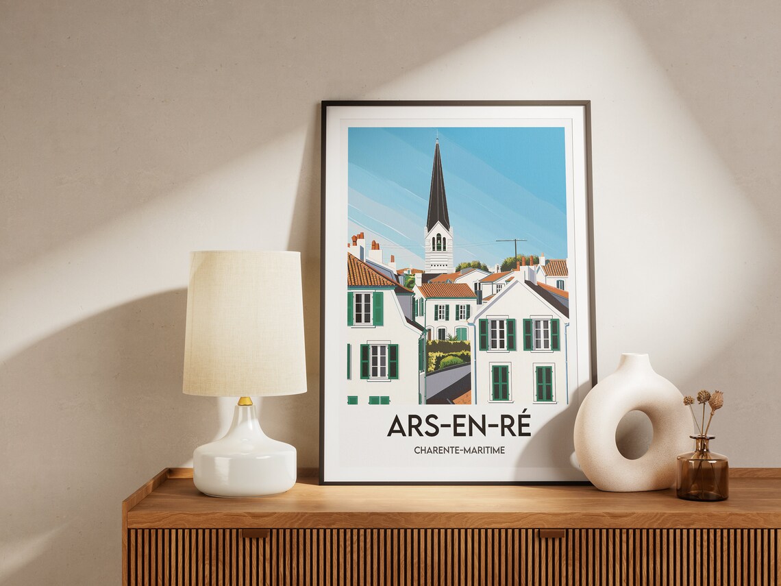 Ars en Re Ile de Re Village Church Spire Green Shutters Poster - Image 2
