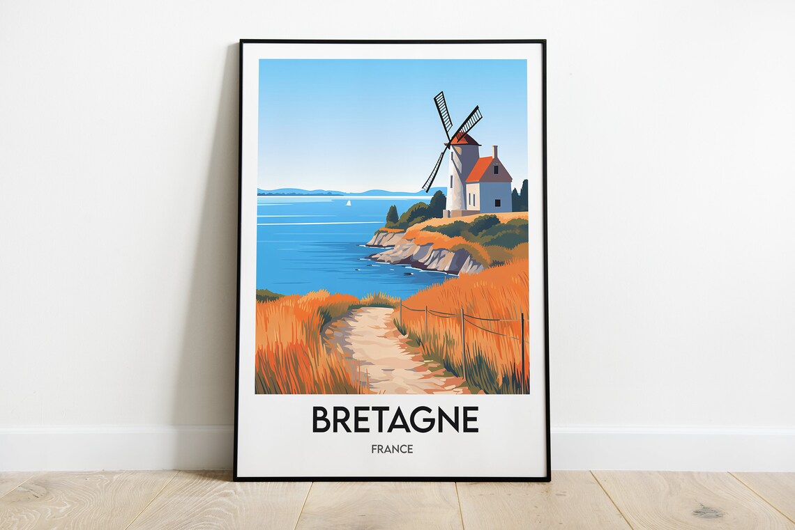Bretagne France Coastal Windmill Golden Grass Path Travel Poster