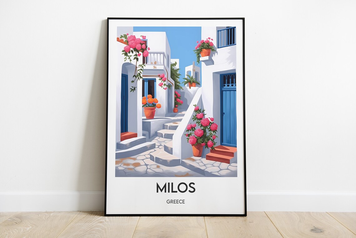Milos Whitewashed Alley Bougainvillea Greece Island Poster Art