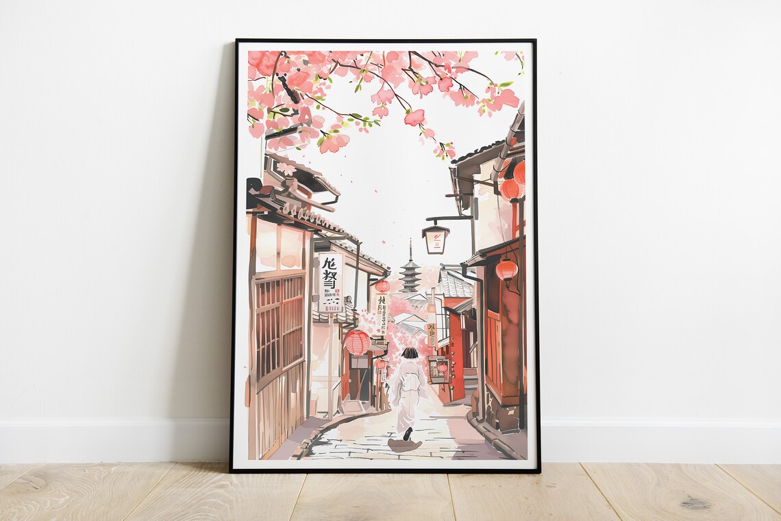 Kyoto Japan Cherry Blossom Lane Spring Kimono Stroll Art Poster