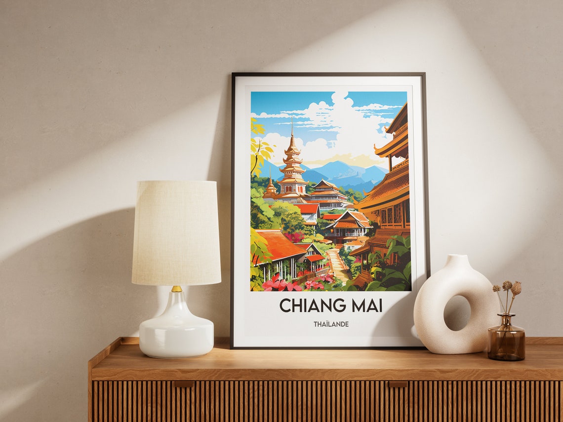 Chiang Mai Thailand Golden Temple Mountain Hills Travel Poster - Image 2