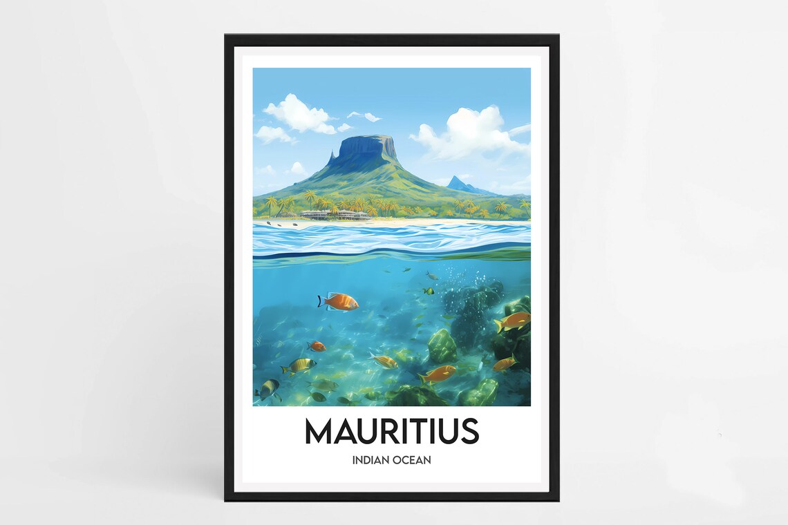 Mauritius Indian Ocean Island Mountain Reef Fish Travel Poster