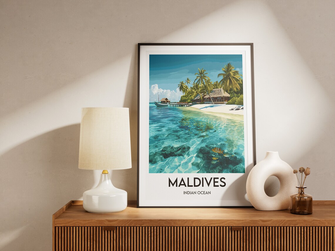 Maldives Indian Ocean Overwater Bungalow Palm Beach Travel Poster - Image 2