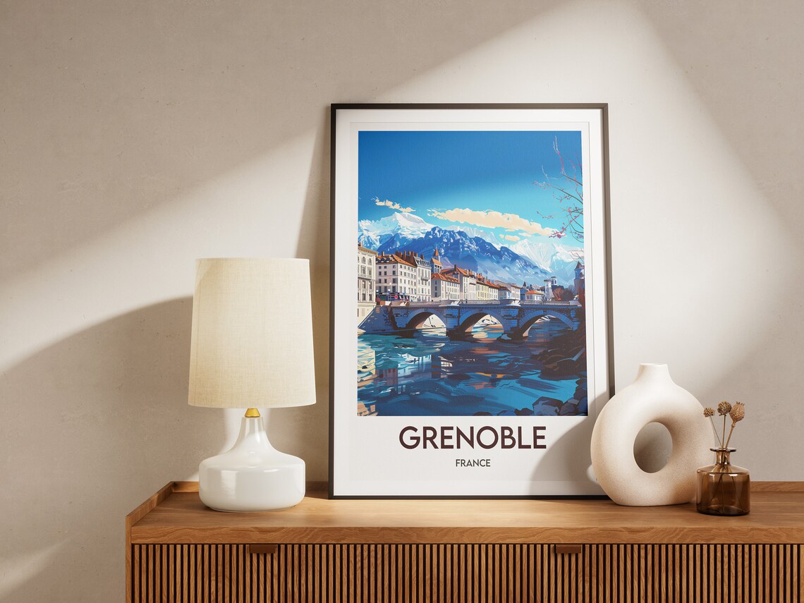 Grenoble France River Bridge and Snow Capped Alps Classic Poster - Image 2