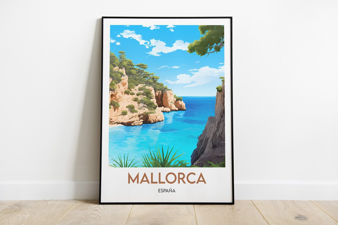 Mallorca Espana Rocky Cove and Blue Mediterranean Sea Travel Poster