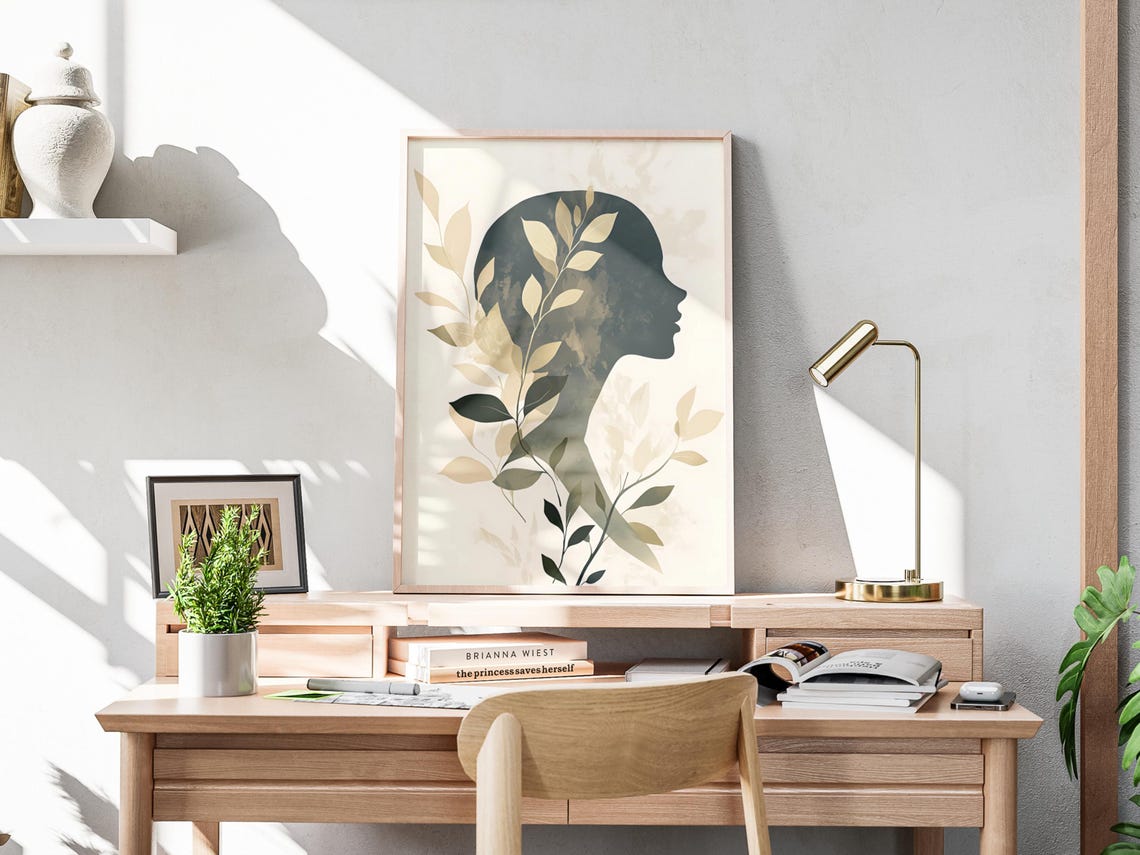 Botanical Woman Silhouette Art Print Minimalist Neutral Decor