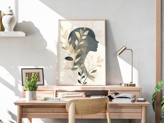 Botanical Woman Silhouette Art Print Minimalist Neutral Decor