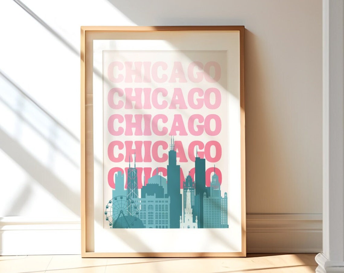Chicago City Travel Print Art Pink Blue Chicago Travel Print Preppy Wall Print Cityscape Travel Poster Dorm Room Decor - Image 3