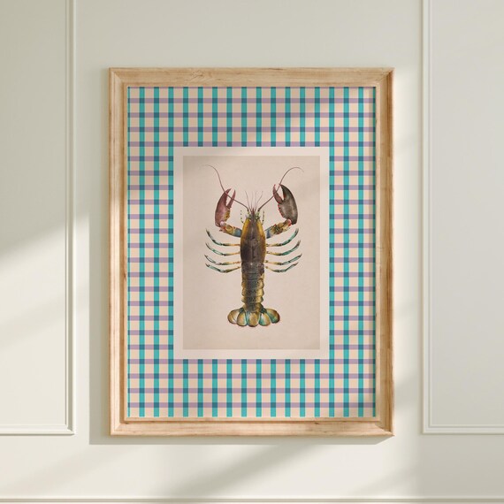Vintage Lobster Art Print Gingham Cottagecore Kitchen Decor Wall Art Trendy Coastal Art A256