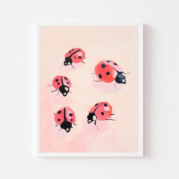 Pink Ladybugs Pastel Nursery Bug Art Print, Girls Room