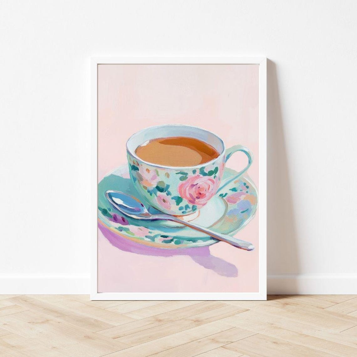 Floral Teacup with Spoon on Pink Background Cozy Afternoon Tea Poster - Image 3