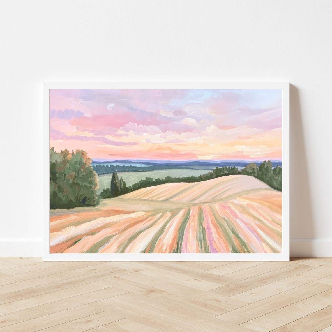 Colorful Farmland Landscape Painting Pastel Country Scenery Wall Art Print Sunset Hills Spring Summer Field - Image 3