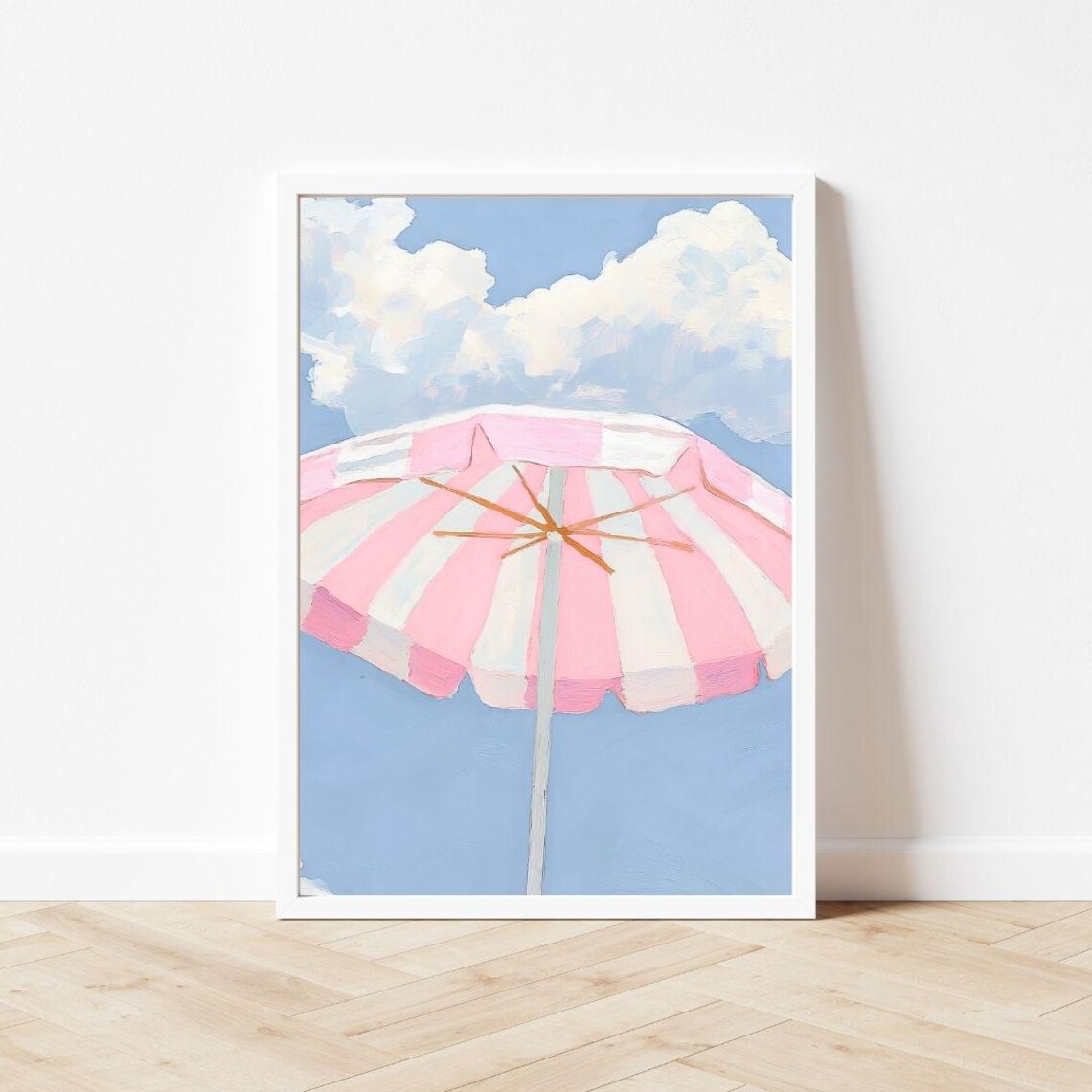 Pink Striped Beach Umbrella Retro Coastal Art Print - Image 3