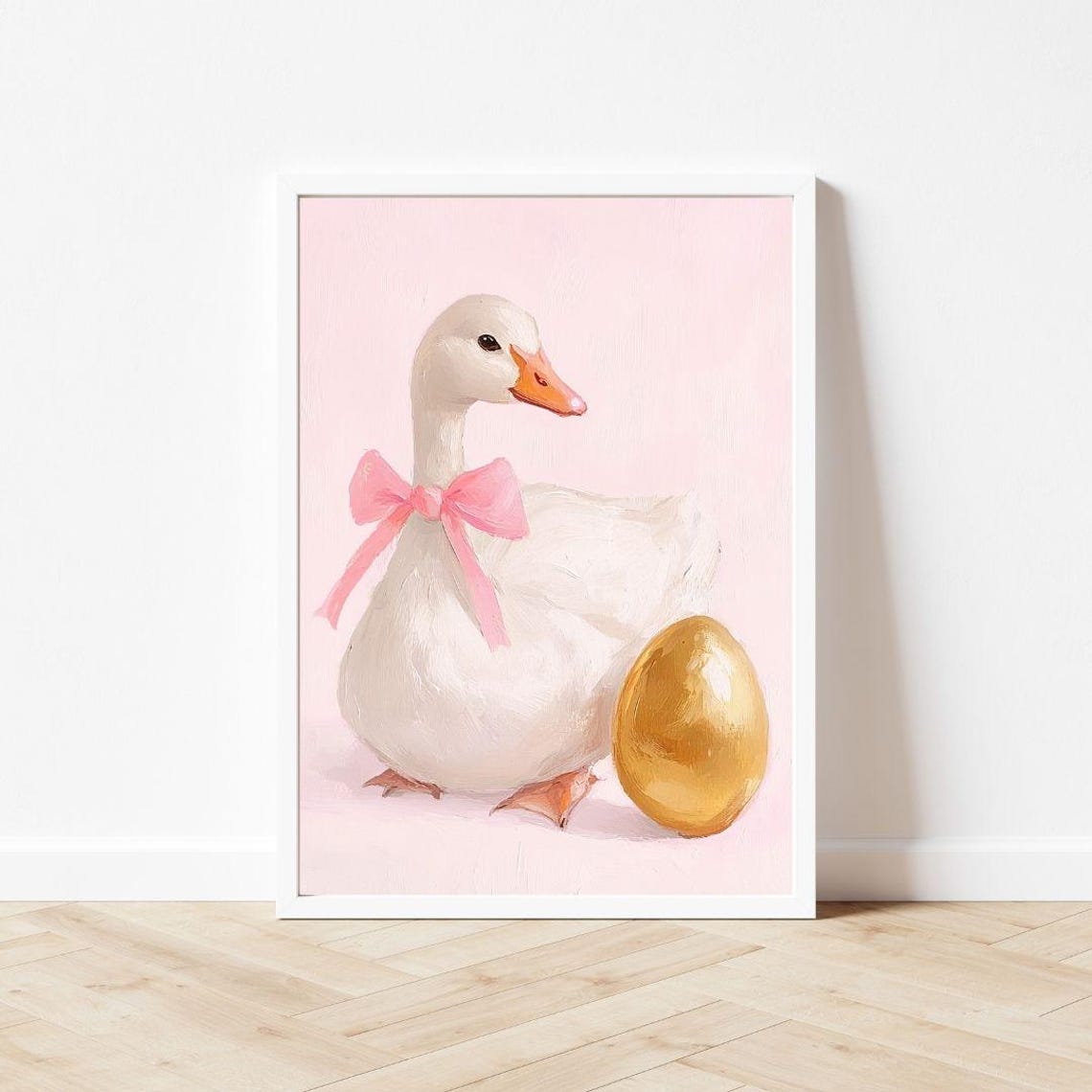 White Goose with Pink Bow and Golden Egg Easter Painting Poster - Image 3