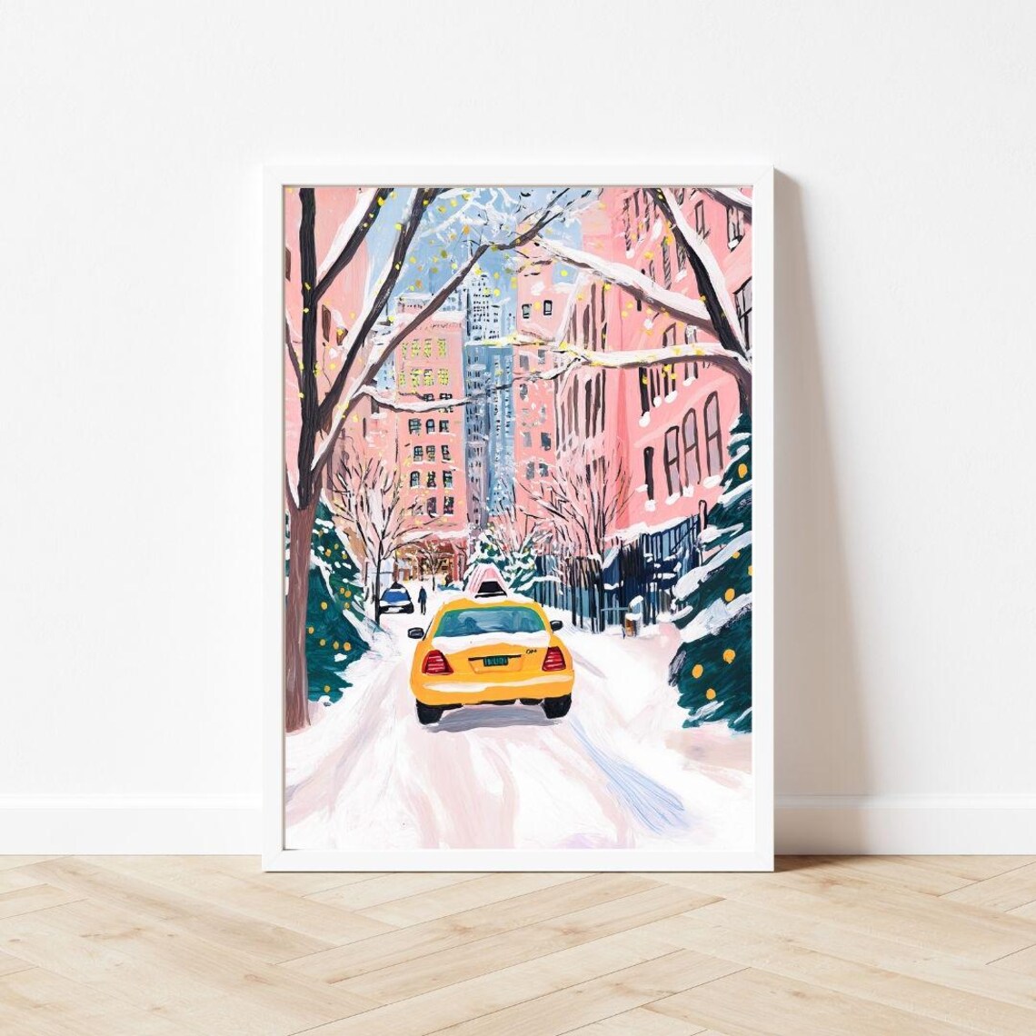 Bright Yellow NYC Taxi Cab On A Snowy Christmas Street Poster - Image 3