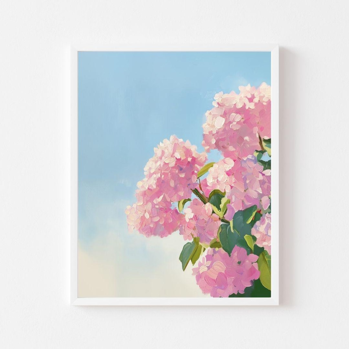 Pink Hydrangeas and Blue Sky, Vintage Floral Art Print