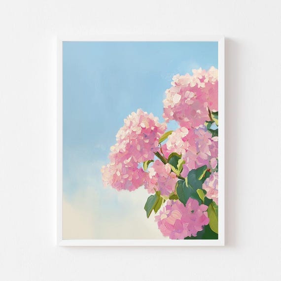 Pink Hydrangeas and Blue Sky, Vintage Floral Art Print