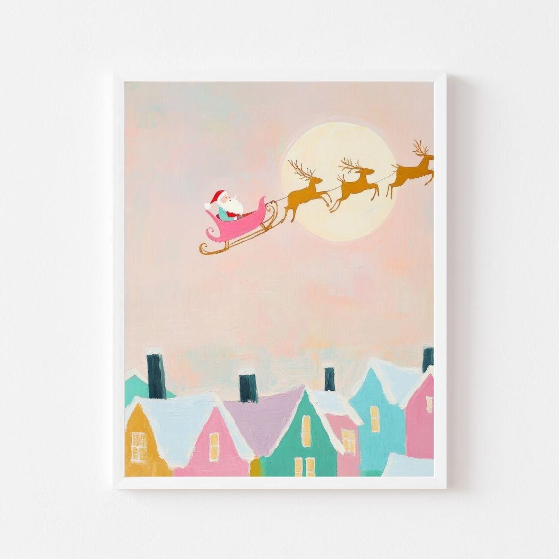 Santa Claus Flying Sleigh Pink Christmas Poster Print