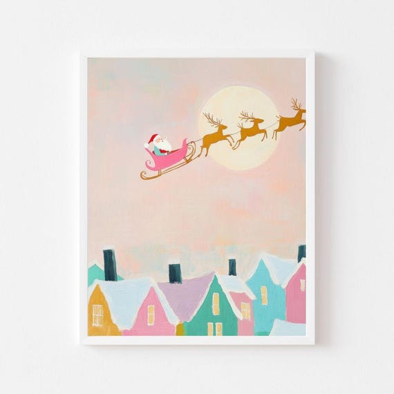 Santa Claus Flying Sleigh Pink Christmas Poster Print