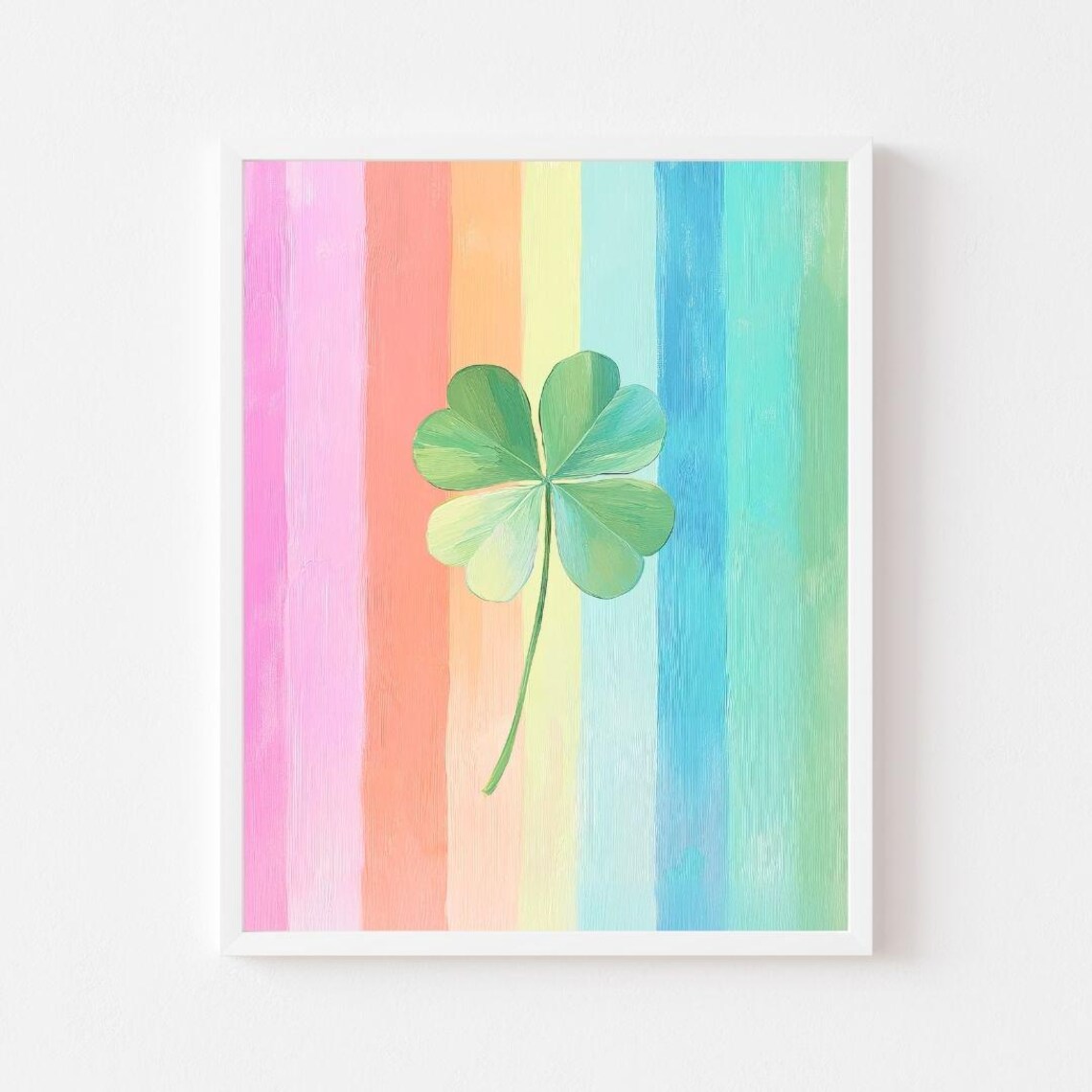 Four Leaf Clover on Rainbow Stripes St Patricks Day Painting Poster