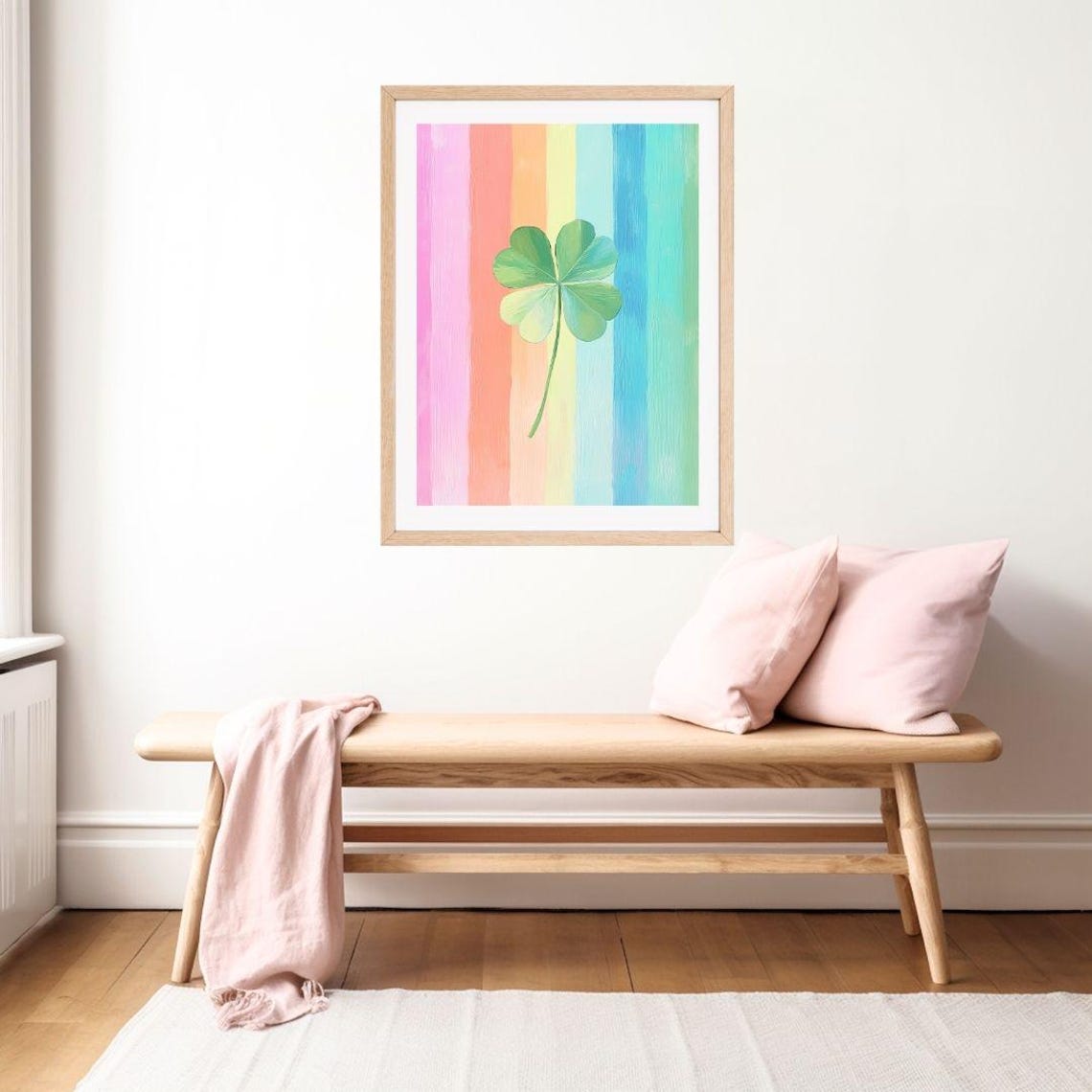 Four Leaf Clover on Rainbow Stripes St Patricks Day Painting Poster - Image 2