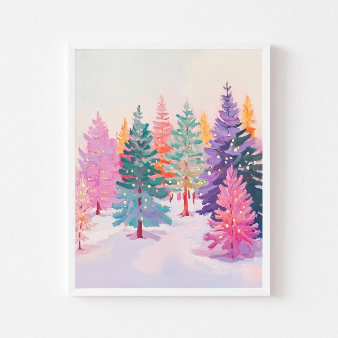 Colorful Christmas Trees, Winter Landscape Art Print