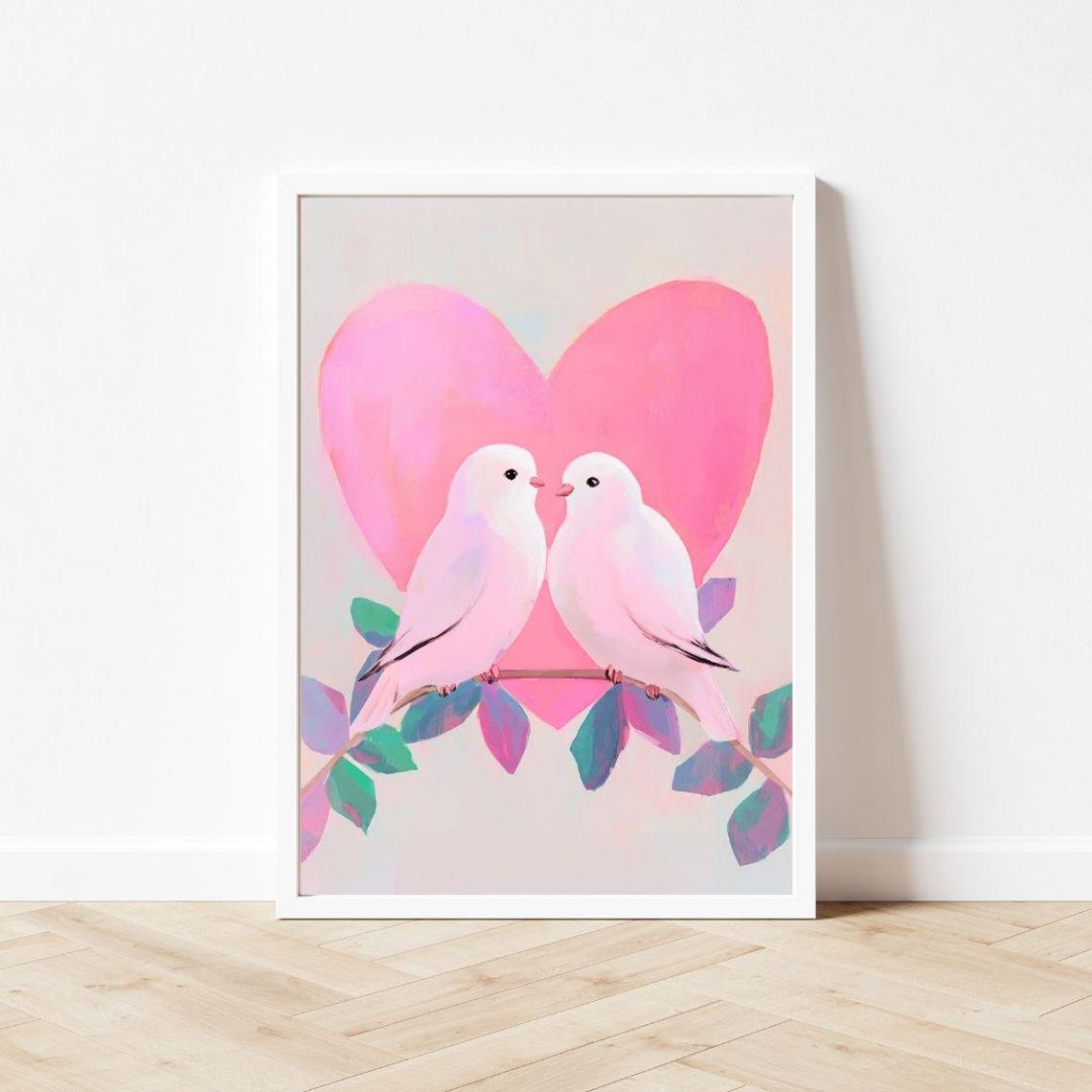 Two White Lovebirds Perched Before A Big Pink Heart Painting Poster - Image 3