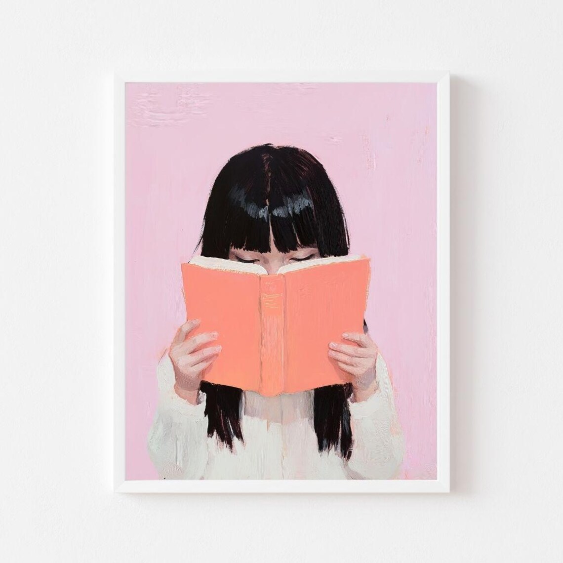 Asian Girl Reading Orange Book, Pastel Wall Art Print