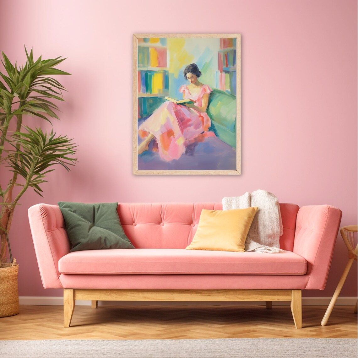 Woman In Pink Dress Reading In A Colorful Library Nook Poster - Image 2