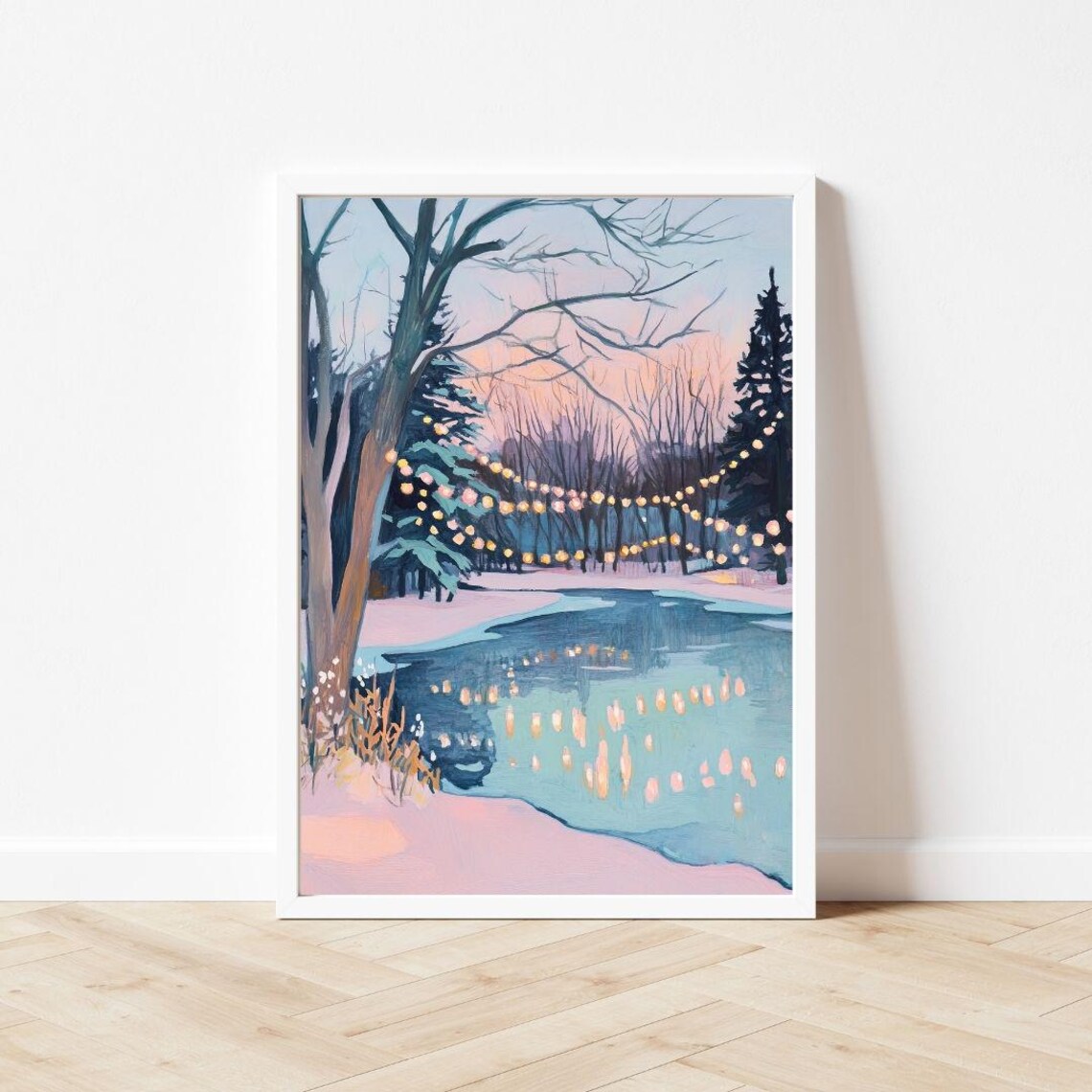 Pastel Winter Pond Christmas Sunset Art Print - Image 3