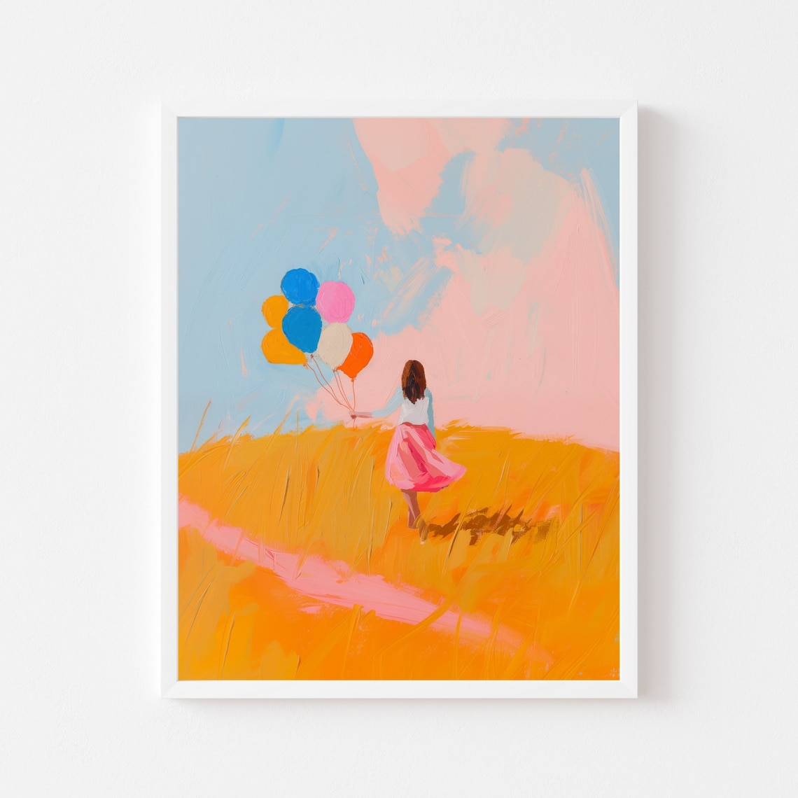 Girl Holding Colorful Balloons Walking A Golden Wheat Field Poster