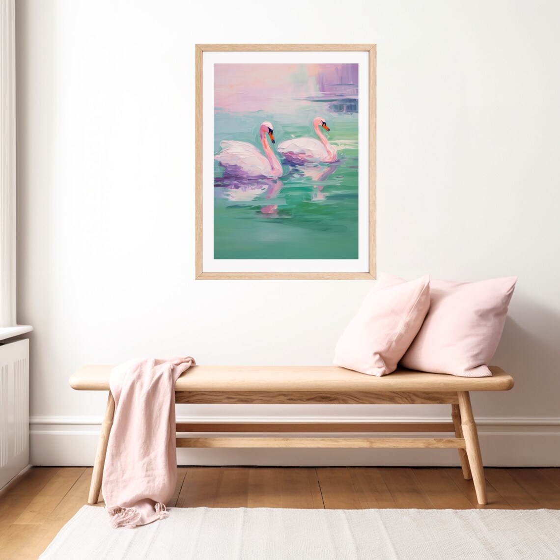 Two White Swans Swimming on Green Water Sunset Painting Poster - Image 2
