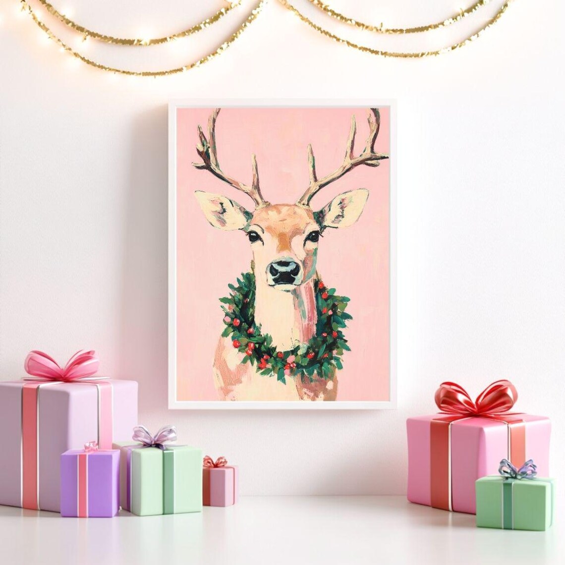 Christmas Wreath Reindeer Art Print, Pink Holiday - Image 2