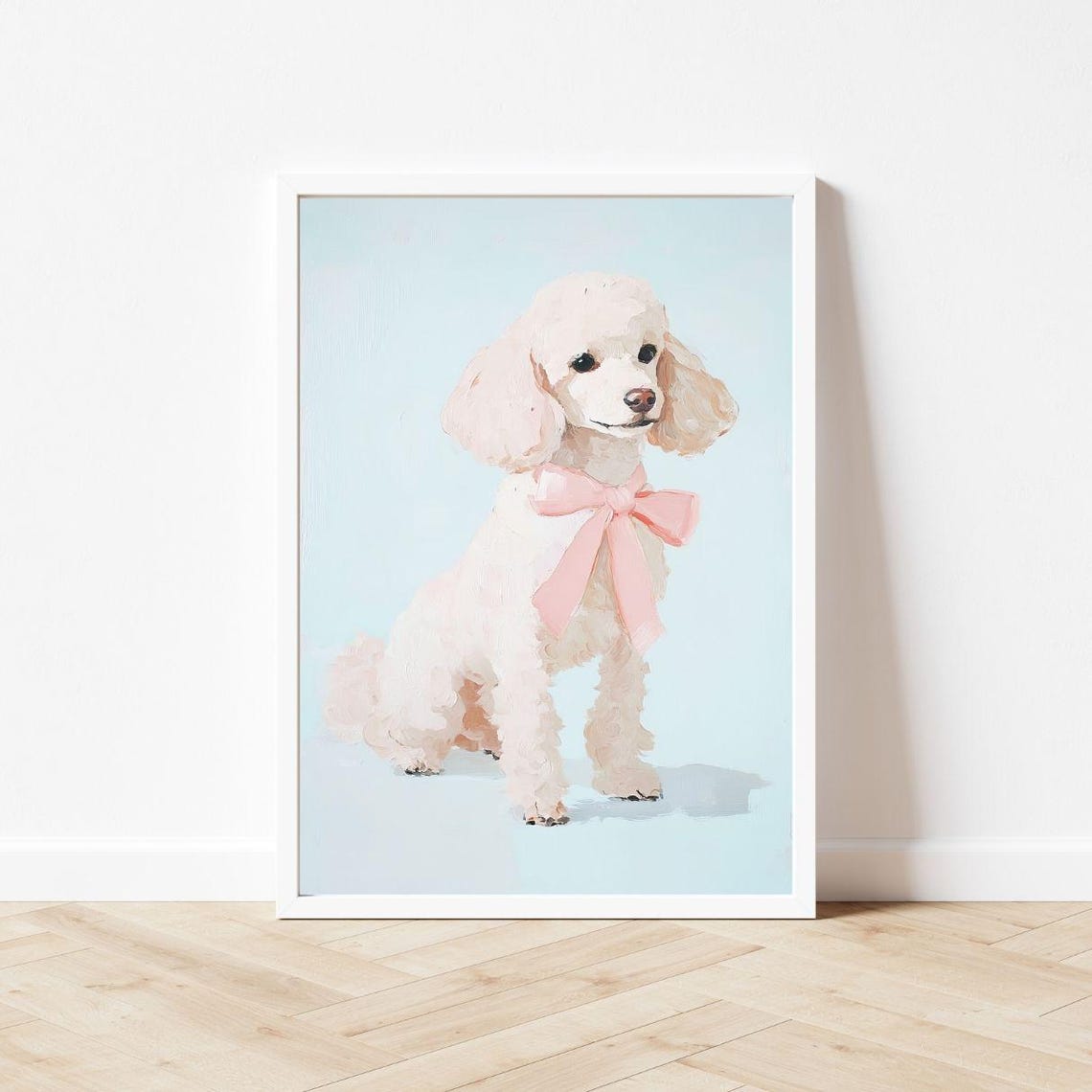 White Poodle Puppy With a Pink Bow on a Pastel Blue Wall Poster - Image 3