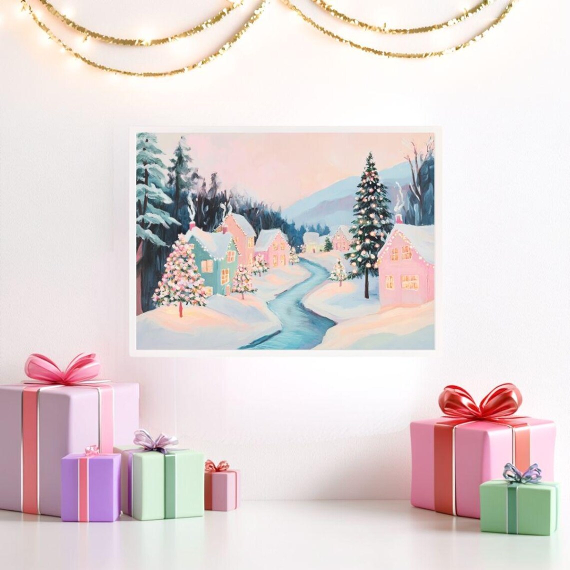 Snowy Christmas Village River, Pastel Winter Art Print - Image 2