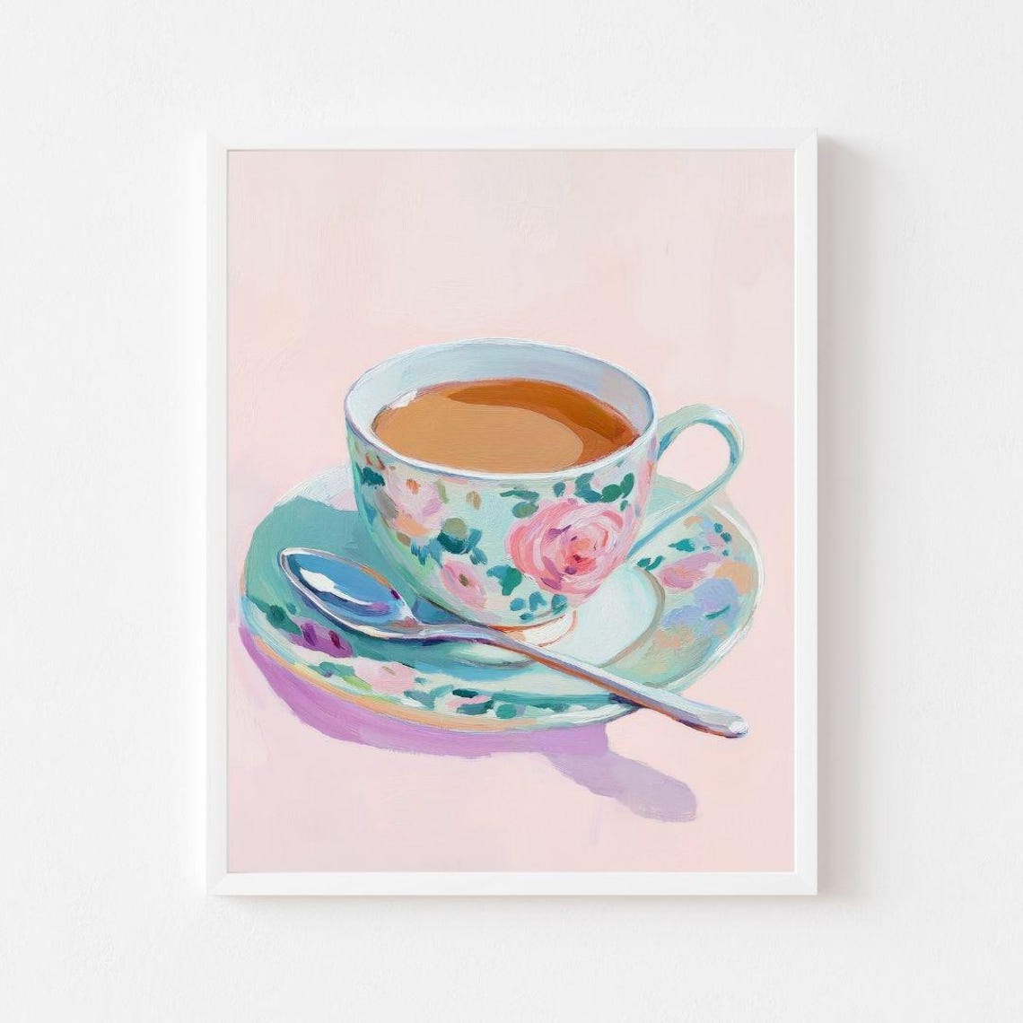 Floral Teacup with Spoon on Pink Background Cozy Afternoon Tea Poster