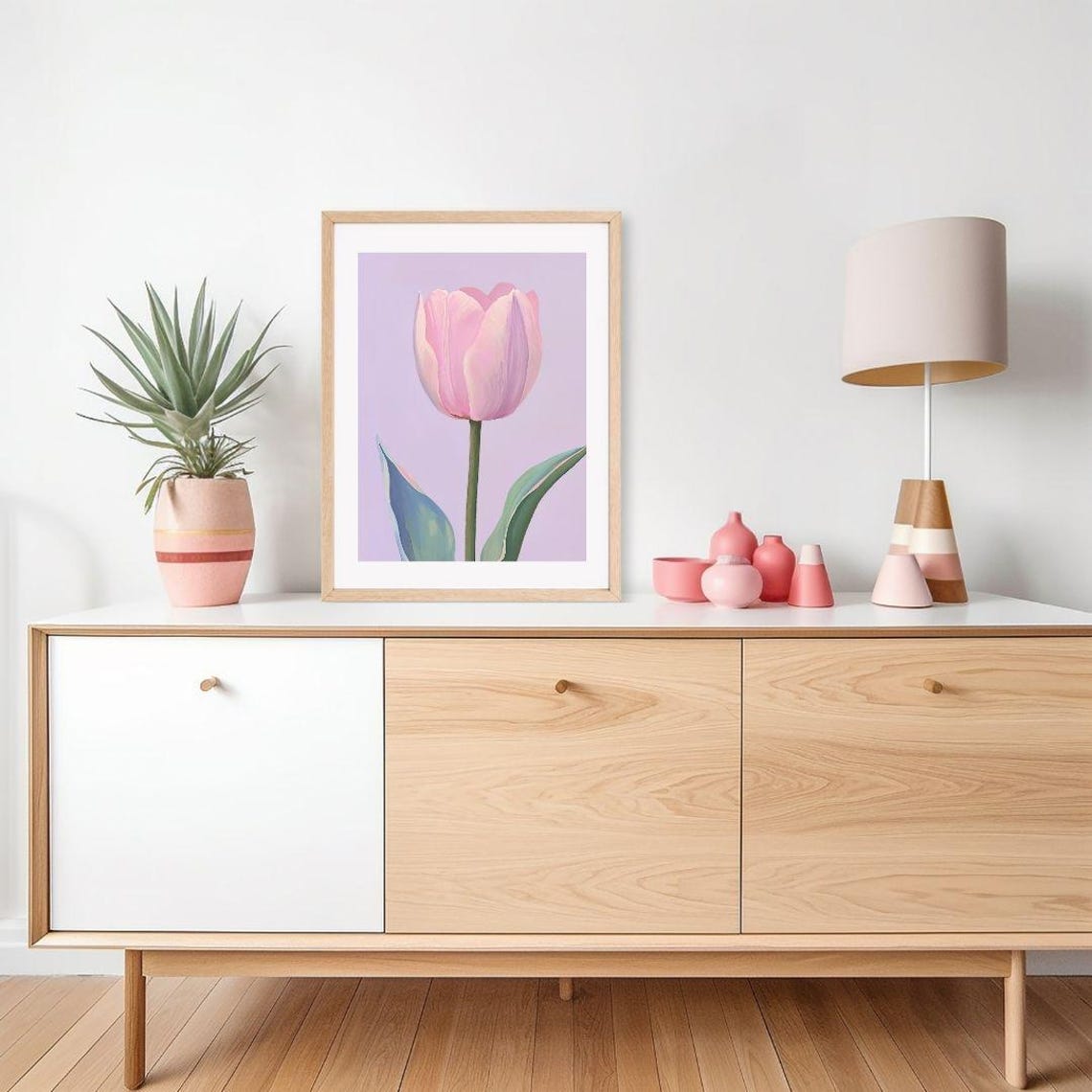 Single Pink Tulip on Lavender Minimalist Spring Floral Poster - Image 2