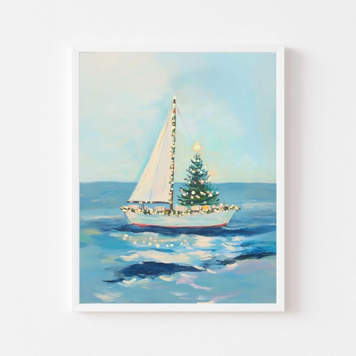 Christmas Tree on a Sailboat, Coastal Holiday Poster Print