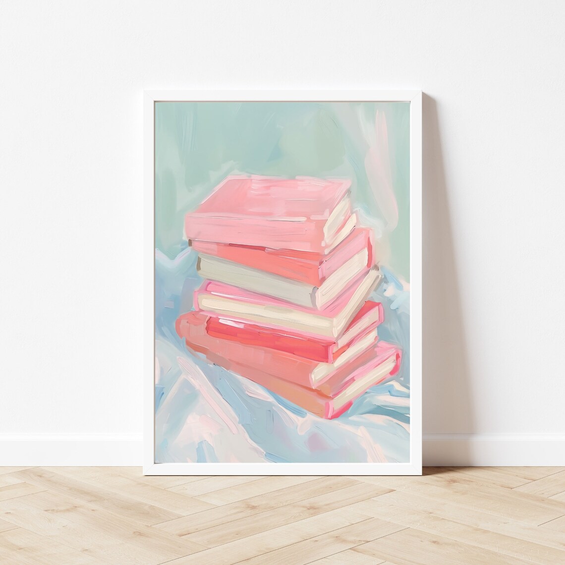 Pink Book Stack Painting, Pastel Reading Nook Art Print - Image 3