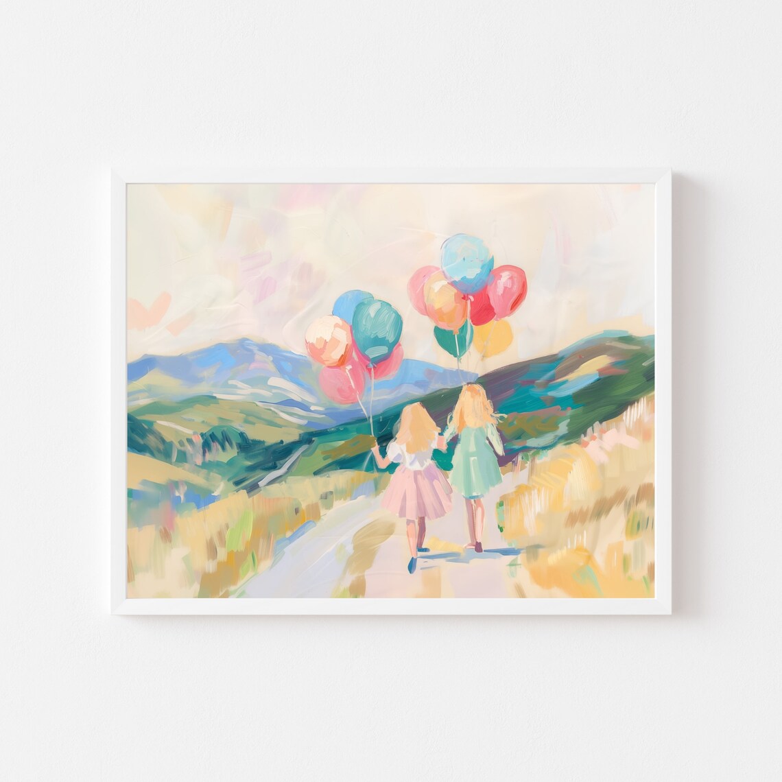 Two Girls With Balloons, Whimsical Sisters Art Print