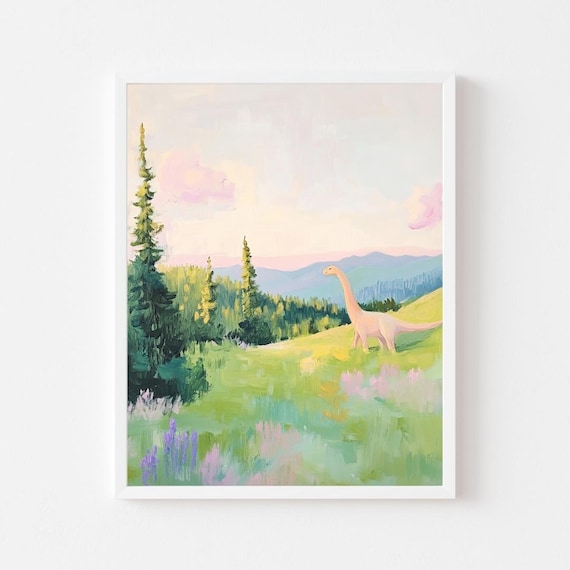 Pink Brontosaurus Pastel Kids Room Wall Art Print
