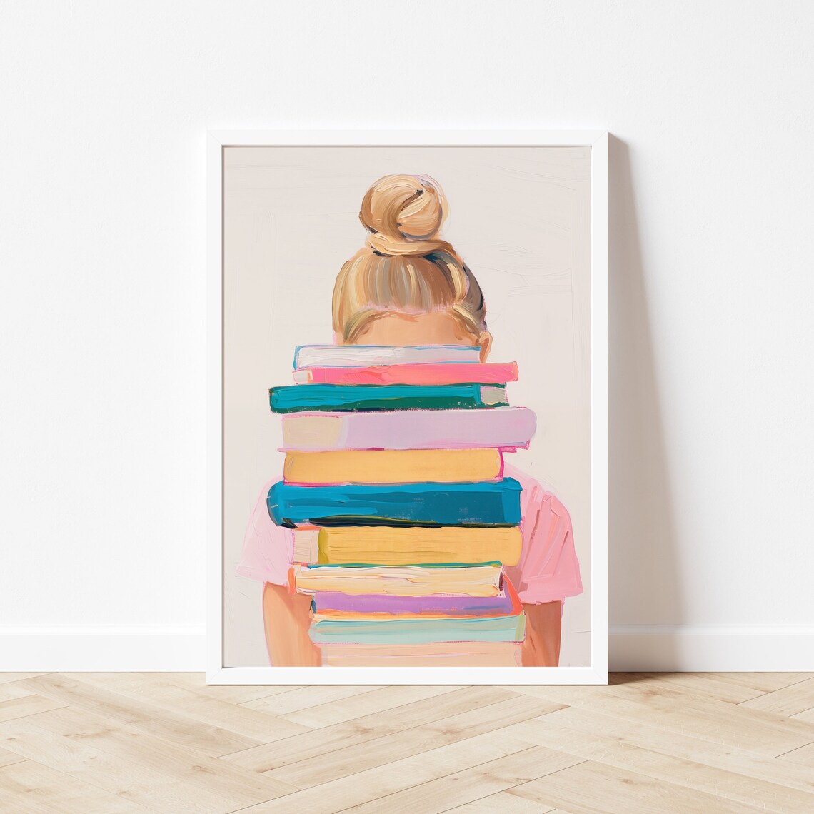 Blonde Girl With Books, Watercolor Library Art Print - Image 2