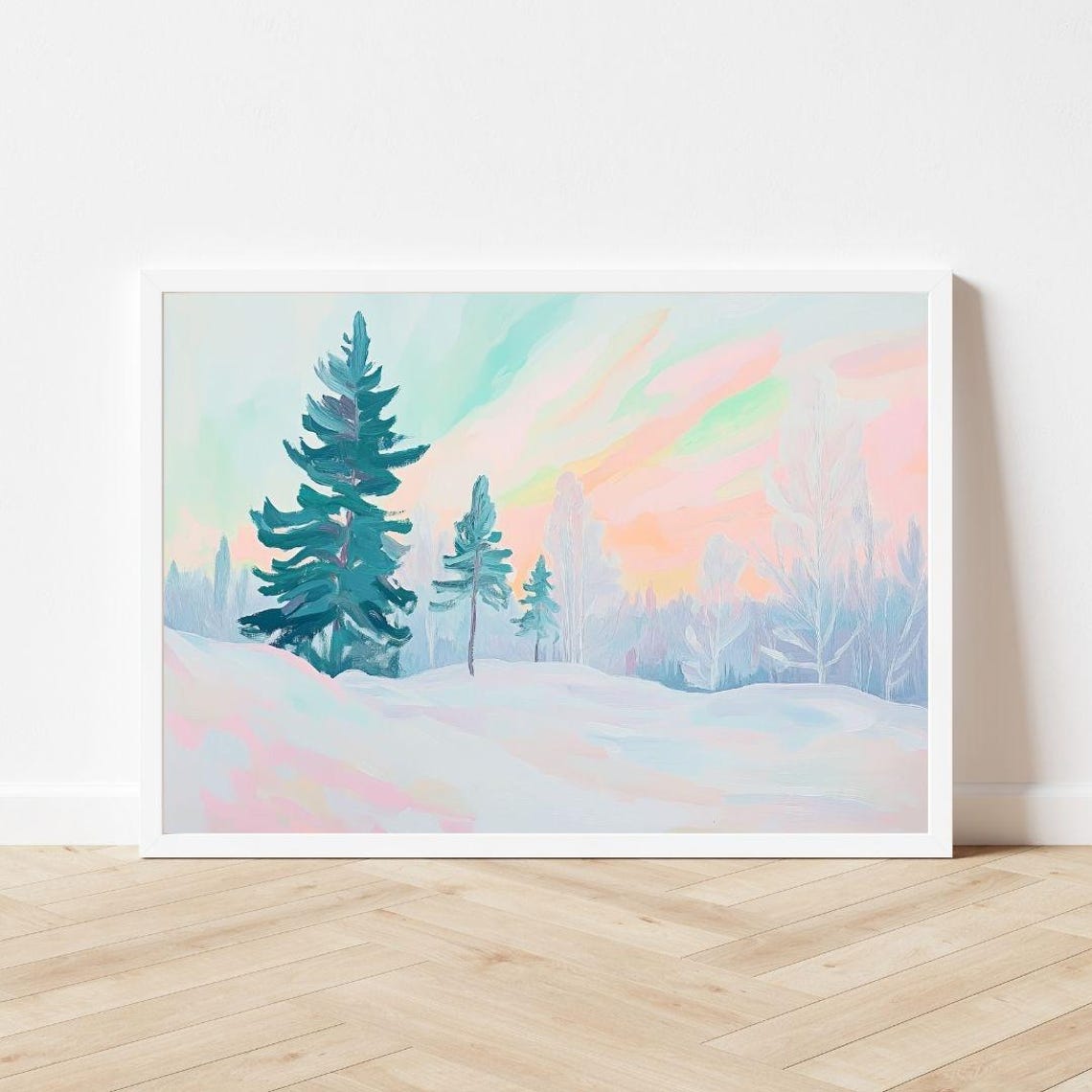 Northern Lights Landscape Painting Neon Finland Trees Wall Art Print Colorful Snow Scenery Winter Nature - Image 3