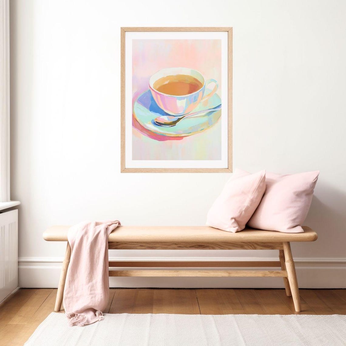 Pastel Tea Cup and Spoon on a Saucer Kitchen Painting Poster - Image 2