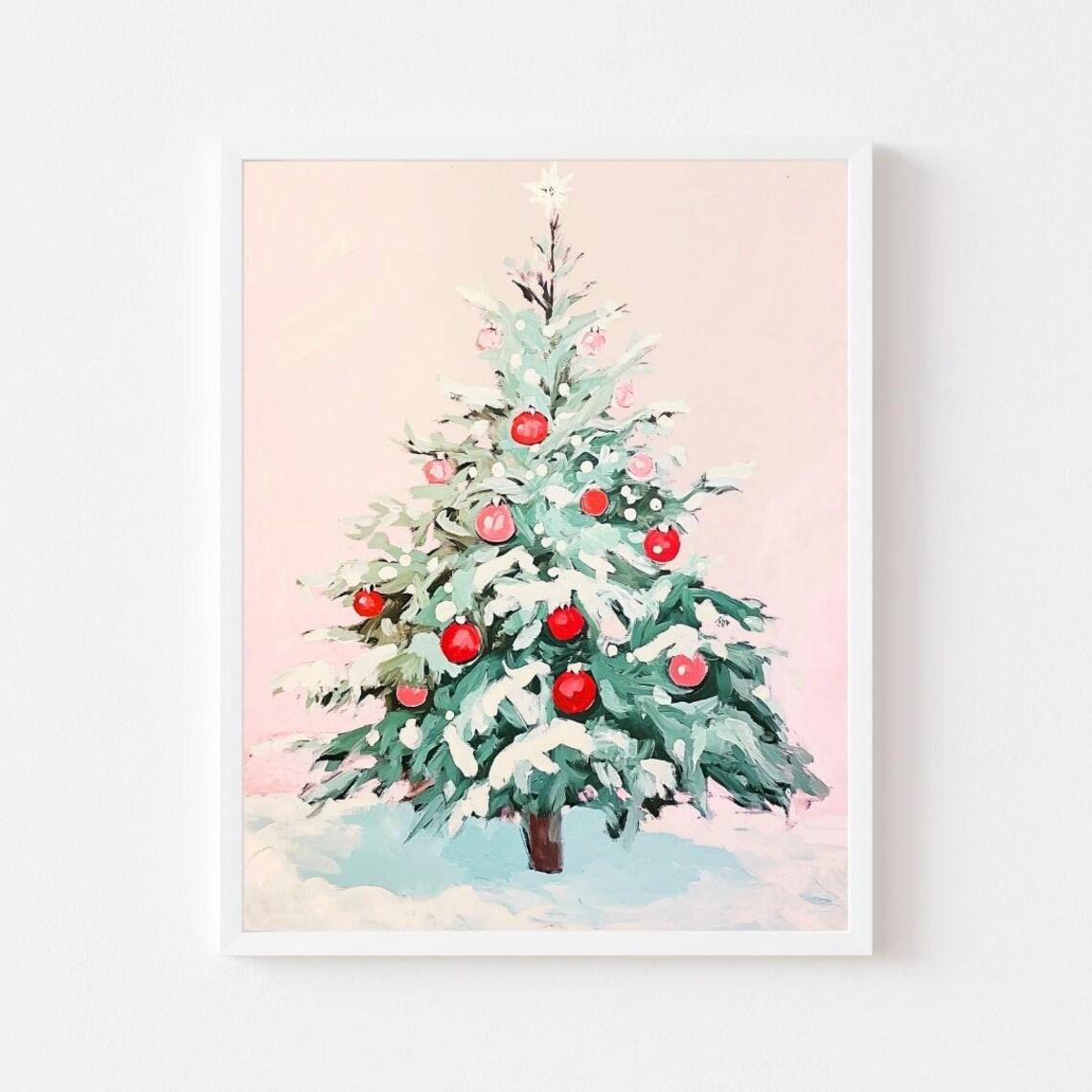 Snowy Christmas Tree Red Ornaments Winter Wonderland Holiday Poster