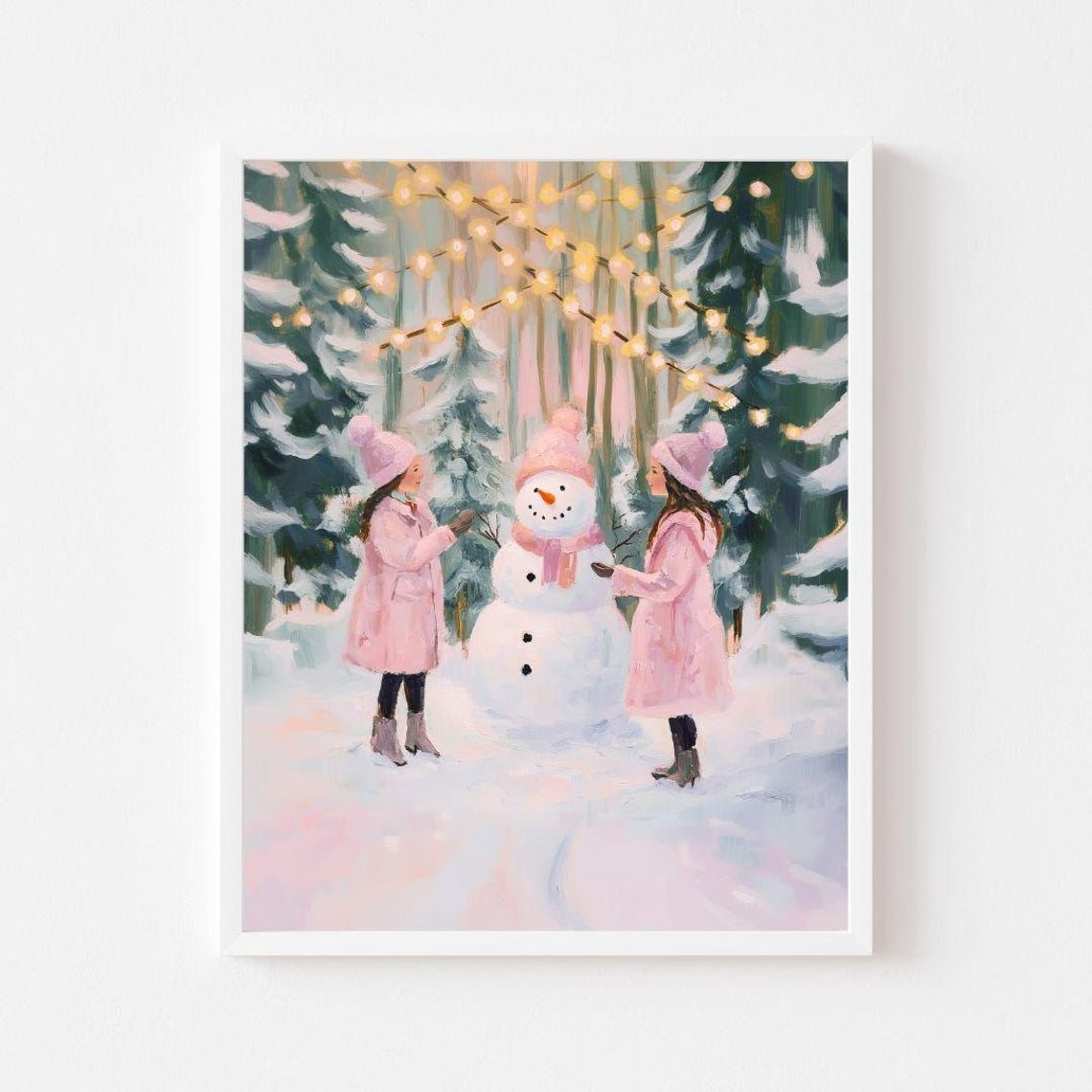 Sisters Building a Snowman Under Twinkling Lights Snowy Poster